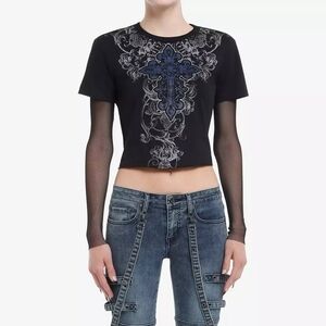 Social Collision Gothic Cross & Fishnet Girls Twofer Long-Sleeve Black Top